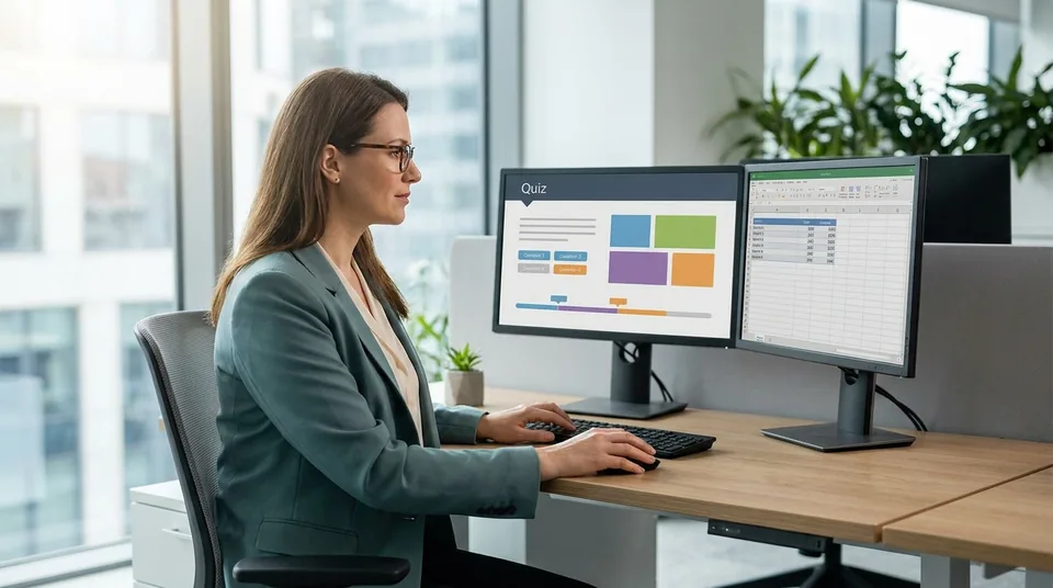 Instructional designer building an e-learning course with a desktop authoring tool
