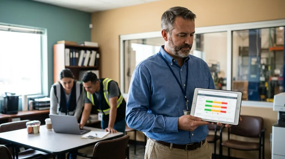 Operations manager checking training completions and certificate status on a tablet
